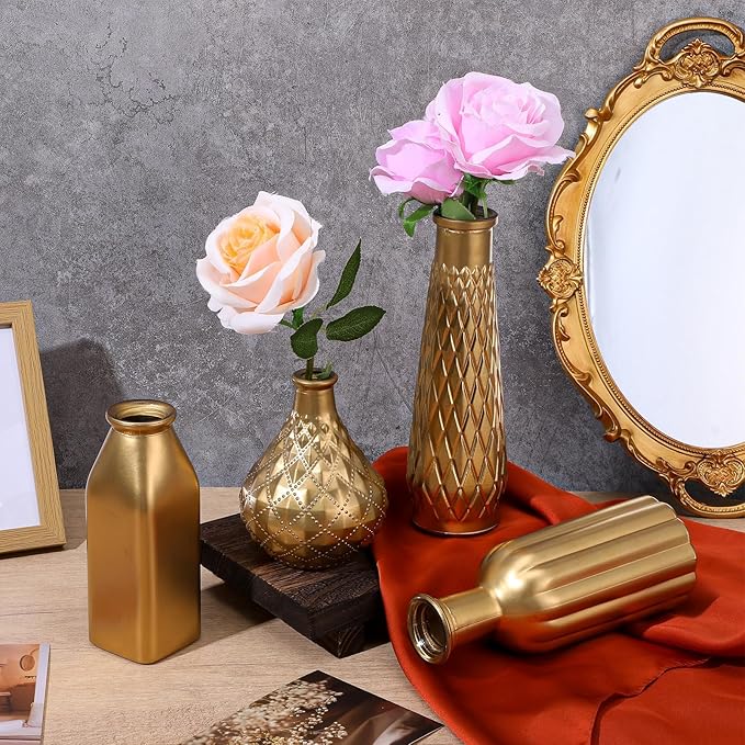 Set of 4 Gold Bud Vases - Small Gold Vases for Centerpieces, Elegant Glass Decorative Bud Vase for Wedding, Home, Table Decor with Vintage Golden Finish