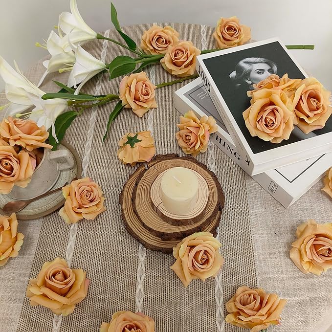 Artificial Satin Rose Flower Heads,48 Pcs Silk Rose Heads with Stems,3.3'' Rose Artificial Flowers Bulk,Artificial Rose Flower Heads for DIY Crafts Bouquet (48, Toffee)