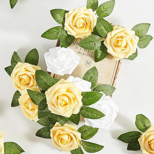 Artificial Flowers, 25pcs Yellow and White Artificial Rose for DIY Wedding Bouquets Centerpieces Arrangements, Fake Flower with Stems for Party Home Decorations