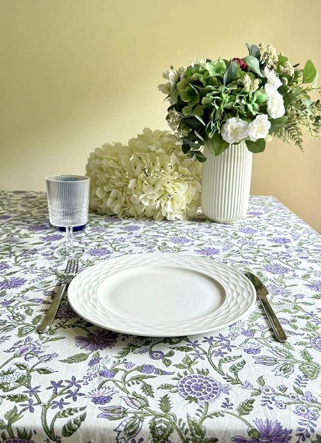 ATOSII Mahoka 100% Cotton Rectangle Fall Tablecloth, Handblock Floral Linen Table Cloth for Kitchen Dining Table I Parties Wedding Christmas Thanksgiving I Fall Home Decor 60 X 108 Inches I 8 Seater