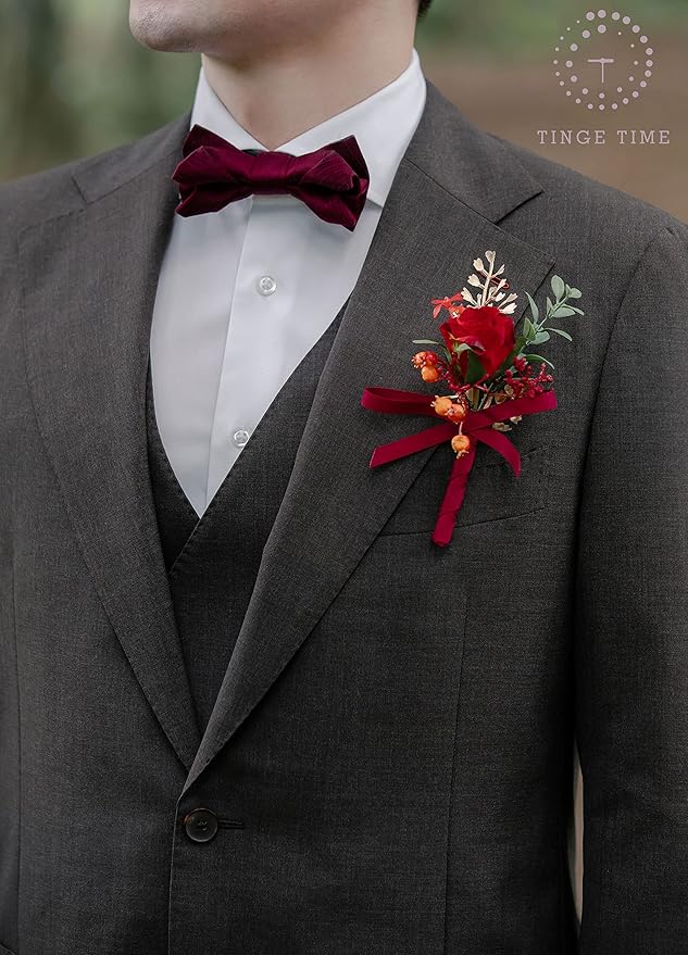 TINGE TIME Boutonniere for Men Wedding,Groom and Best Man Boutonniere for Wedding Ceremony Anniversary, Formal Dinner Party and Rustic Spring Wedding Marriage (10, Deep Red)