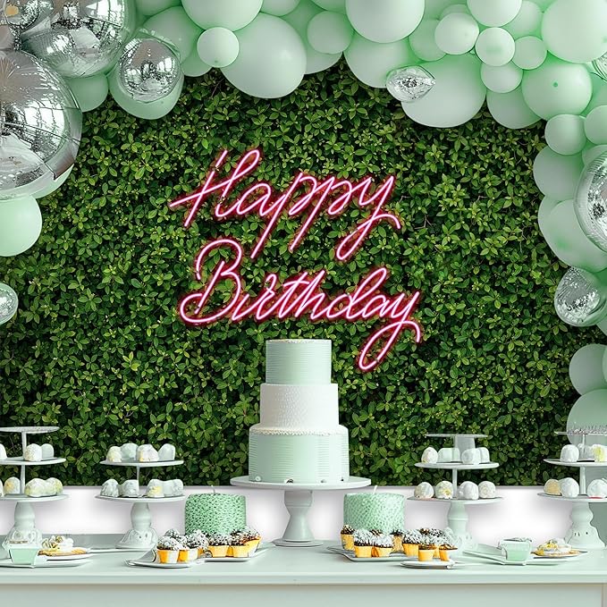 Riyidecor Happy Birthday Backdrop for Women Green Leaves Grass Leaf Girls Spring Plant 7Wx5H Feet Nature Neon Pink Photography Background Birthday Party Decoration Photo Studio Shoot Polyester Fabric