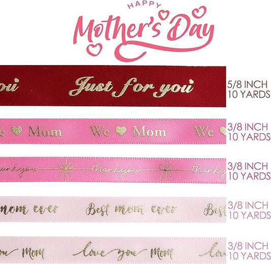 MEEDEE Pink Ribbon for Gift Wrapping Thank You Just for You Ribbon Mothers Day Gift Box Double Face Satin Assortment Thin Pink Satin Fabric, 5 Rolls 10 Yards Each Total 50 Yards