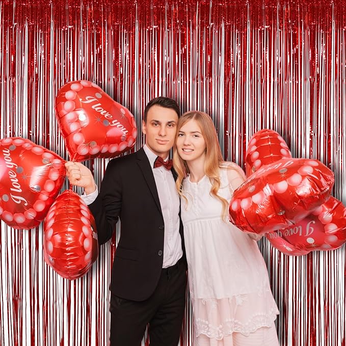 Red Tinsel Curtain Party Streamer, Foil Curtain Backdrop Photo Booth Props for Birthdays Bridal Shower Valentines New Years Party Decorations - 2 Pack 3.2×8.2ft
