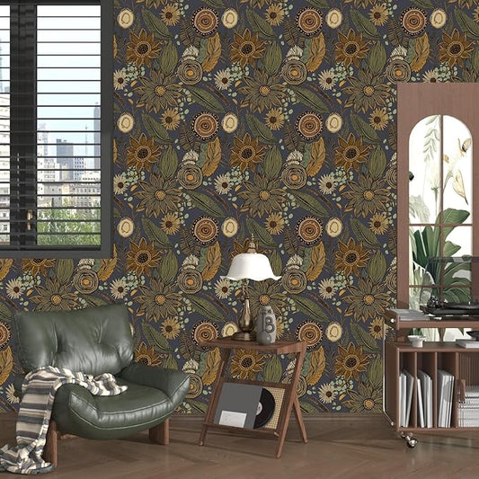 Boho Wallpaper Peel and Stick, Vintage Blue Yellow Floral Contact Paper 17.5" x 393", Botanical Flowers Antique Retro Absract Wall Paper Self Adhesive Removable Waterproof for Shelves Cabinet Table