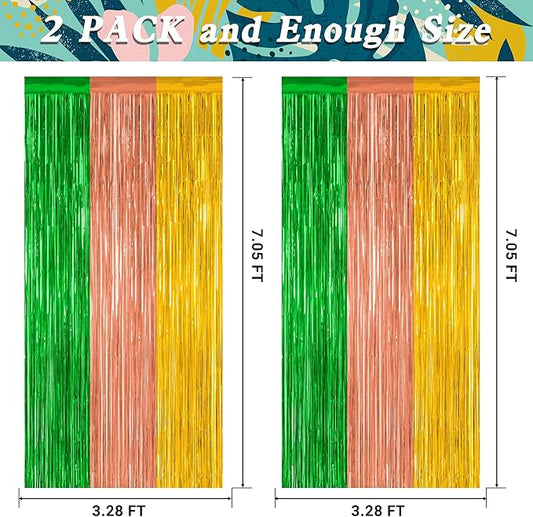 2 Pack Luau Decorations, 3.28 FT x 7.05 FT Summer Party Streamer, Green Brown Yellow Backdrop Tinsel Curtains Fringe Curtains, Metallic Hawaiian Supplies Aloha Party Decor