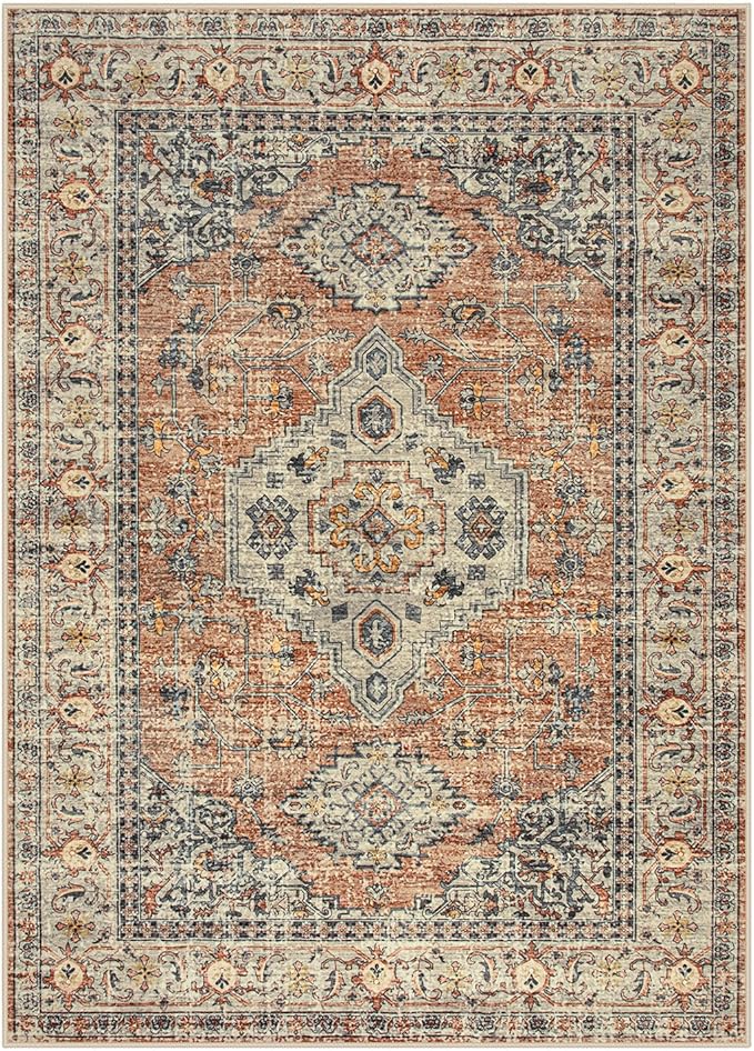 Lahome Oriental Washable Rugs for Living Room, 4x6 Bedroom Area Rug Ultra-Thin Soft Non Slip Stain Resistant Vintage Throw Carpet for Office Dining Room, Peach/Orange