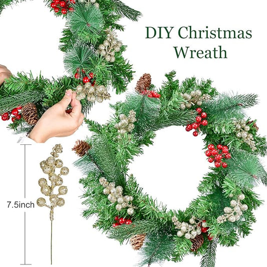 Lvydec 16pcs Christmas Glitter Berries Stems, 7.8" Artificial Christmas Picks for Christmas Tree Ornaments, DIY Xmas Wreath, Crafts, Holiday and Home Decor (Champagne)