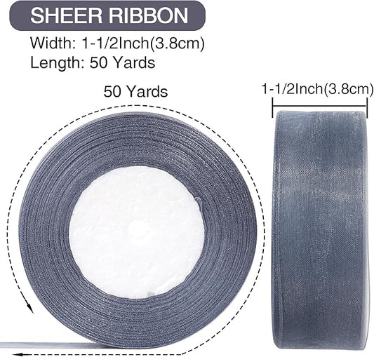 1-1/2 Inch x 50 Yards Sheer Organza Ribbon Chiffon Ribbon for Gift Wedding Flower Bouquet Wrapping Decorations Crafts (Gray)