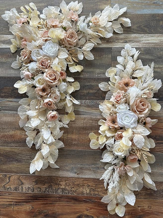 Wedding Arch Flowers with Drapes Kit (Pack of 5) - 2pcs Artificial Beige & Cream Deluxe Swag with 3pcs Hanging Drapes for Wedding Ceremony Arbor Reception Backdrop Rose Floral Decorations