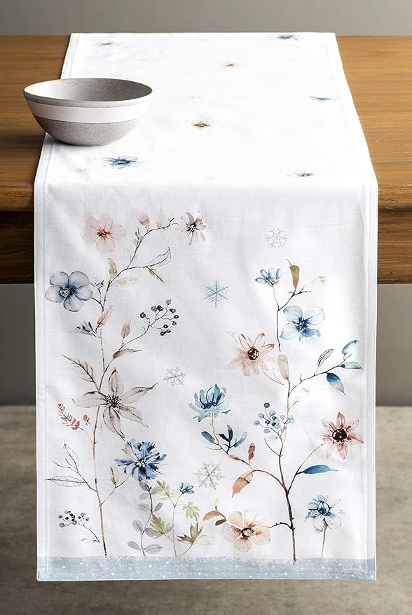 Maison d' Hermine Table Runner 100% Cotton Double Layer Table Runners 108 inches Long for Thanksgiving Christmas Decorations Home Kitchen Dining Party Wedding (Ice Florals, 14.5" x 108")