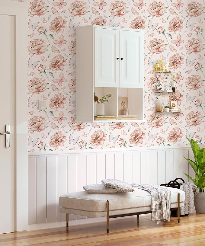 Safiyya Peel and Stick Wallpaper Floral Pink Wallpaper Pink Peony Contact Paper Removable Self Adhesive Wall Paper for Bedroom Bathroom 197''×17.3"