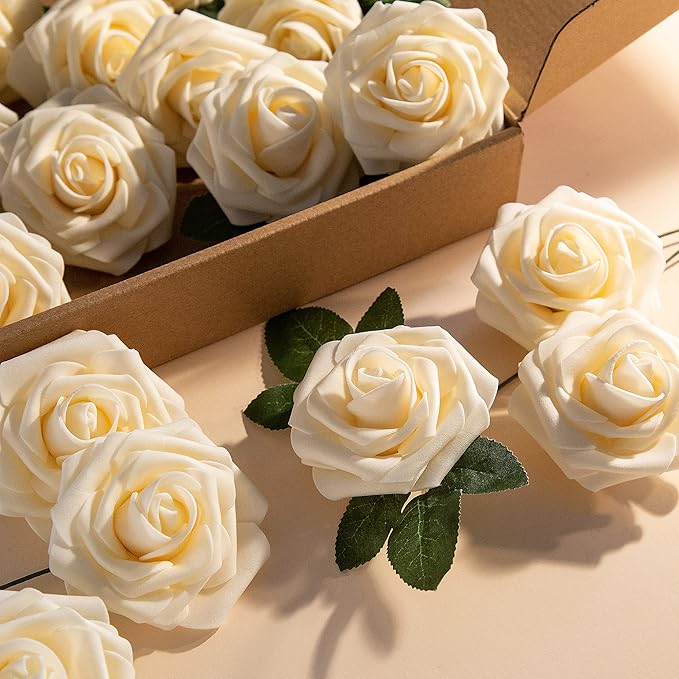 Artificial Flower Foam Rose 25pcs Real Looking Fake Rose with Stems Leaves for Home Decoration Party Garden Centerpieces DIY Wedding Bouquets(Champagne)