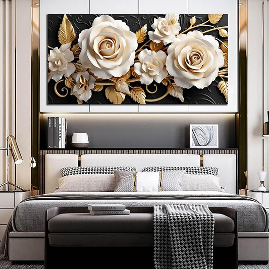 Flower Large Canvas Wall Art for Living Room Bedroom Home Office White and Gold Wall Art Blossom Picture Framed Wall Decor Modern Canvas Prints 29x59 In