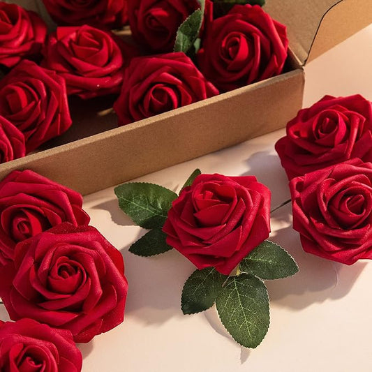 Red Artificial Flower Silk Rose 50pcs Fake Rose with Stems Leaves for Home Decoration Party Garden Centerpieces DIY Wedding Bouquets(Dark Red)