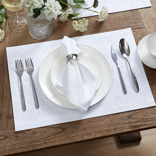 Elrene Home Fashions Caiden Elegance Damask Waterproof, Stain & Wrinkle Resistant Fabric Placemats (Set of 4), 13" x 19", White