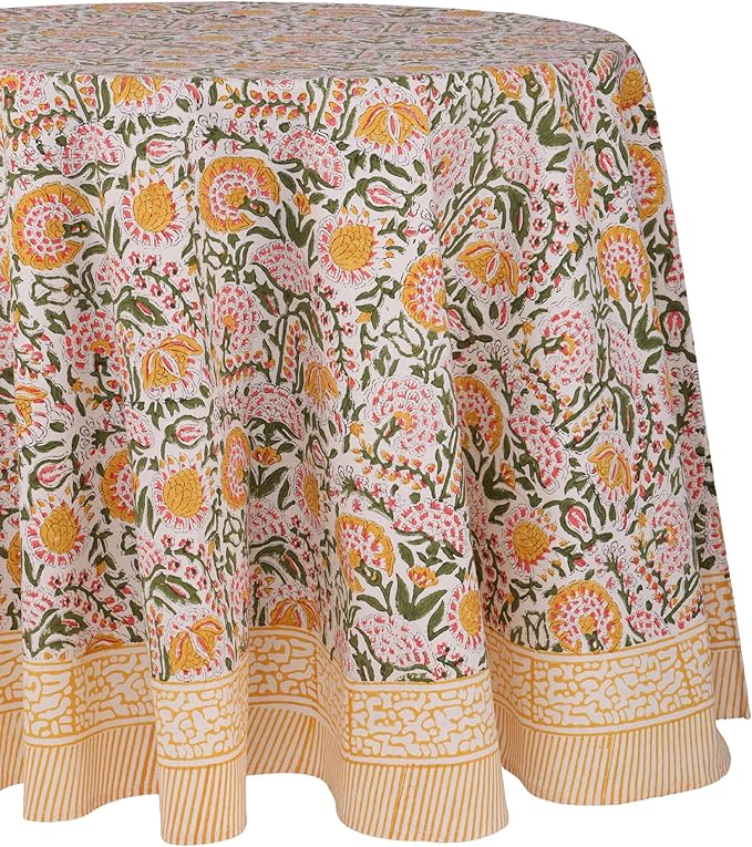 ATOSII Clover Yellow 100% Cotton Round Tablecloth, Handblock Print Floral Table Cloth for Kitchen Dining Linen I Parties, Weddings, Outdoors, Christmas, Thanksgiving I Fall Home Decor 60" Inches Round
