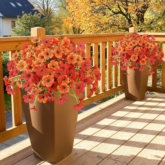 MACTING Artificial Fall Flowers for Outdoors 6 Bundles Faux Mums Outdoor Plants UV Resistant Fake Silk Flowers for Planters Front Door Porch Patio Indoor Outside Autumn Thanksgiving Decor,Orange & Red