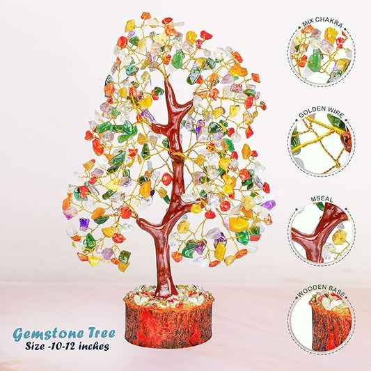 YATHABI Chakra Tree Sculpture - Mix Chakra Golden Wire Crystal Bonsai Tree - Positive Energy, Meditation Decor, Spiritual Gift