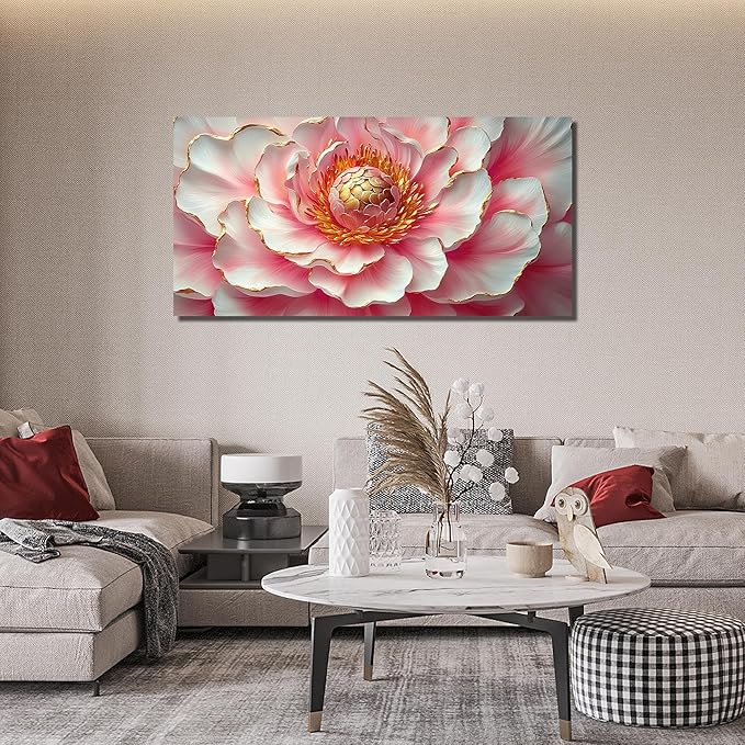 Pink & White Peony Floral Canvas Wall Art with Gold Accents, Abstract Flower Pictures for Living Room Bedroom Wall Decor, Horizontal Printed Painting Artwork Home Decorations, Size 48x24 Inches