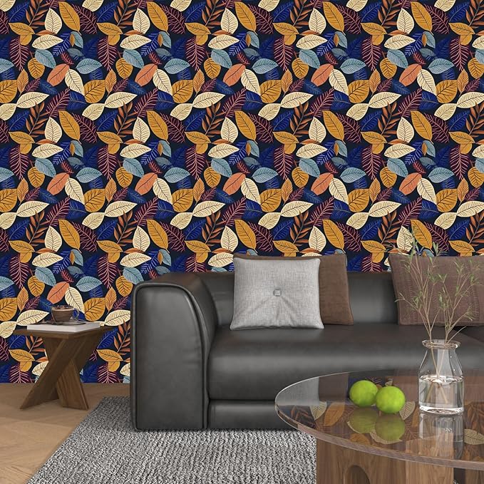 Colorful Leaf Wallpaper Peel and Stick,Vintage Botanical Contact Paper 17.5" x 118",boho leaves Wall Mural Self Adhesive Removable Waterproof for Bedroom Walls Bookcase Drawers Cabinet Table Locker