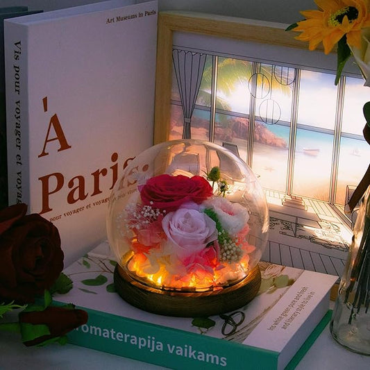 Pink Rose Birthday Gifts for Women Forever Flowers for Delivery Real Rose in Glass Dome with LED Strip, Preserved Flowers Rose Gifts for Wife Girlfriend Mom on Wedding Anniversary