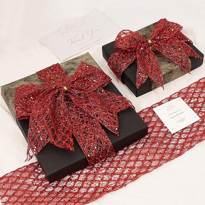 VATIN 4" Red Fall Ribbon, Red Glitter Mesh Diamond Web Sequin Dots Wired Christmas Ribbon for Gift Wrapping Bow Making Wreath Supply-10 Yards