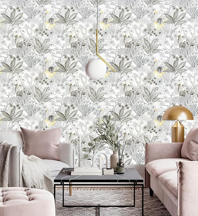 Wudnaye Floral Peel and Stick Wallpaper Vintage Contact Paper 17.7 inch × 393.6 inch Gray Flower Wallpapers Stick and Peel Removable Contact Paper White Waterproof for Bathroom Self Adhesive Vinyl