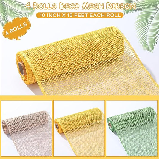 Chuangdi 4 Rolls Spring Summer Poly Burlap Mesh Poly Burlap Deco Ribbon Mesh Roll for Easter DIY Flower Wreath Garland, 10 Inch