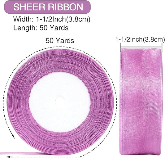 1-1/2 Inch x 50 Yards Sheer Organza Ribbon Chiffon Ribbon for Gift Wedding Flower Bouquet Wrapping Decorations Crafts (Lavender Purple)