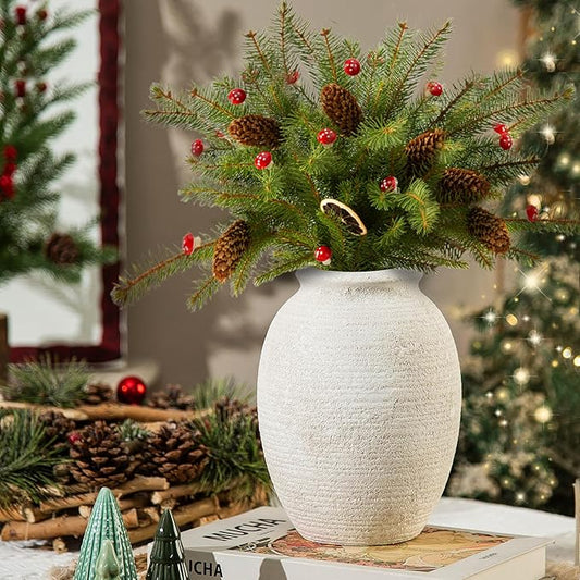 8 Inch White Ceramic Vase - Rustic Vintage Decorative Vase for Home - Farmhouse Pottery Vase for Flowers - Christmas Vase - Modern Vintage Dining Table Centerpiece , Lyeec Vases Set