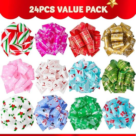JOYIN 24 PCS Christmas Ribbon Pull Bow, 5" Gift Wrapping Pull Bow, Xmas Gift Accessory for Christmas Present Wrapping, Party Decorations, Boxing Day Decorations, Holiday Decor
