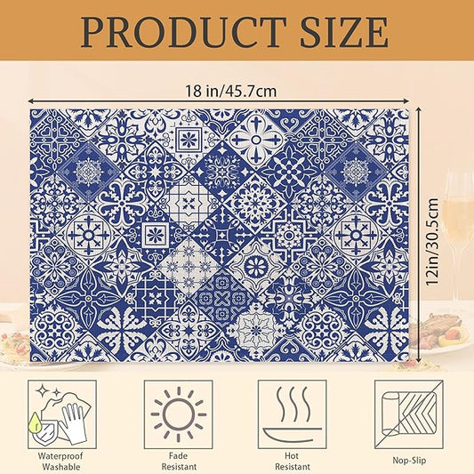 Blue Folk Ethnic Placemats Set of 6 Place Mats for Kitchen Table Washable Farmhouse Linen Table Mats Dining Decoration 12x18 Inch