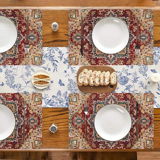 Retro Boho Carpet Placemats Set of 4,Boho 12x18 Inch Non-Slip Washable Heat Resistant Linen Fabric Table Mats,Place Mats for Holiday Party