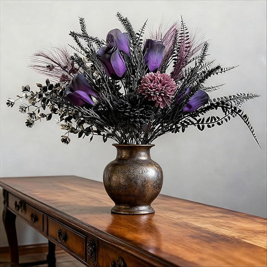 Vintage Purple Artificial Bouquet Roses, Dahlias, Ferns Arrangement Elegant Home Decor Floral Arrangement Artificial Flowers, Decorative Blooms Photography Props