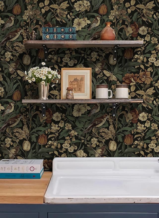 Erfoni 17.3" x197" Retro Floral and Bird Contact Paper Vintage Peel and Stick Wallpaper for Bedroom Decorative Self Adhesive Wall Paper Boho Floral Leaf Removable Wallpaper for Accent Wall Covering