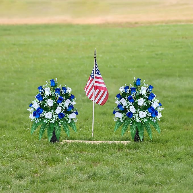 Artificial Cemetery Flowers, Gravesite Decoration Roses, Memorial Bouquets with Cemetery Vase, Vibrant and Long-Lasting Colors (Dark Blue+White, 2 Bundles)