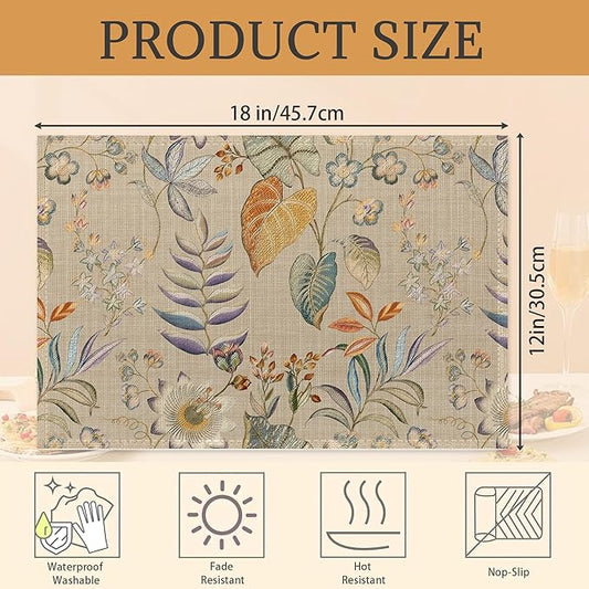 Colorful Flower and Leaf Placemats Set of 6 Place Mats for Kitchen Table Washable Farmhouse Linen Table Mats Dining Decoration 12x18 Inch