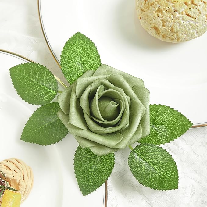 Artificial Flowers, 50pcs Artificial Rose for DIY Wedding Bouquets Centerpieces Flowers Arrangements, Elf Green Fake Flowers with Stems for Bridal Shower Graduation Events Decoration