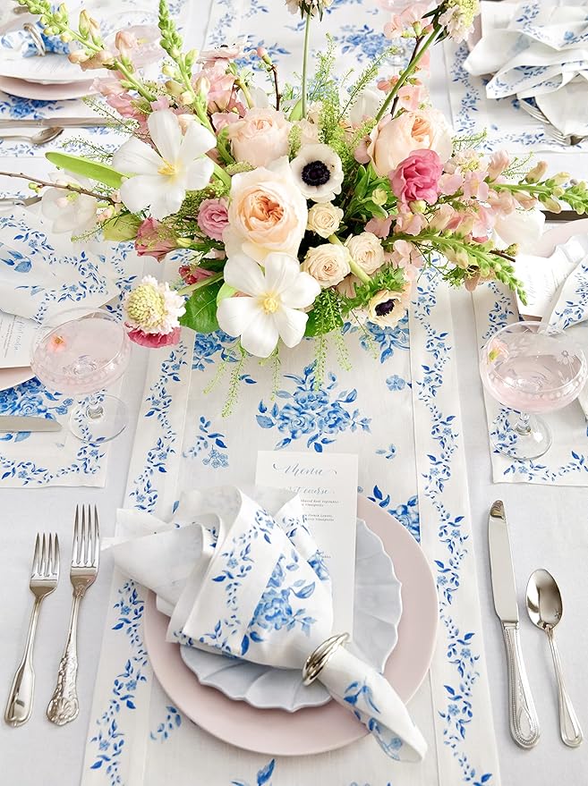 Solino Home Blue Floral Print Table Runner 108 Inches Long - 100% Pure Linen Table Runner 14 x 108 Inch - Handcrafted and Machine Washable - Jolie Fleur Print