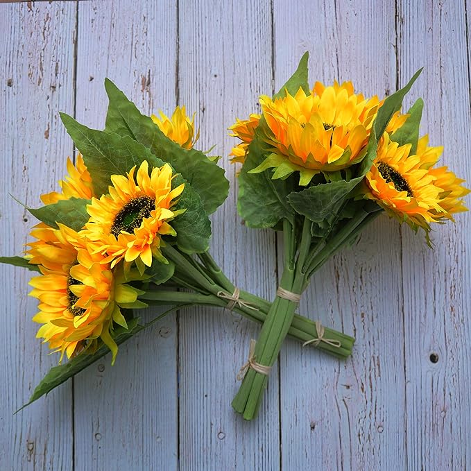 Artificial Flowers 2pcs 14'' Sunflower Bouquets with 7pcs Silk Flowers for Wedding Bridal Bouquet Bridesmaid Home Decor Housewarming Gift Office Baby Shower (Yellow)