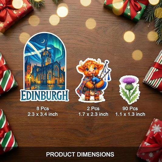 100 PCS Scotland Stickers Pack, Vinyl Waterproof Decals of Edinburgh Glasgow Highland Cow Castles and Scottish Symbols, Travel Souvenir Gift for Teens Adults Scrapbook Laptop Water Bottle