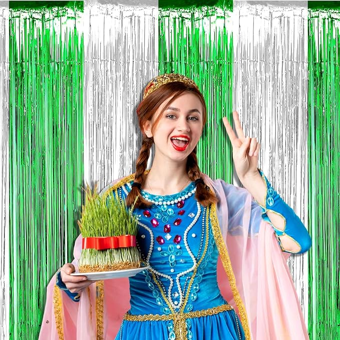4 Pack Foil Fringe Curtain Backdrop, 3.28Ft x 8.2Ft Metallic Tinsel Foil Fringe Streamers Curtain for Photo Booth, Wedding, Mardi Gras Birthday Carnival St Patrick Day Party Decoration (Silver Green)