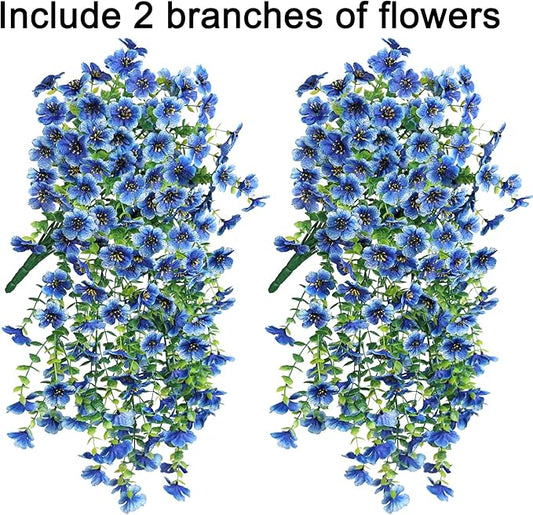 Artificial Faux Hanging Flowers Plant for Fall Outdoor Outside Decoration, 2 PCS Fake Silk Violets with Eucalyptus UV Resistant Realistic Daisy Trailing Vines for Balcony Yard Patio Porch Planter,Blue