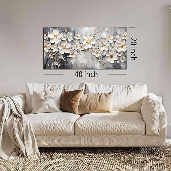 Flower Pictures Wall Art for Bedroom Women - White Canvas Wall Art for Living Room - Girls Room Decor Ready to Hang Size 20" x 40"