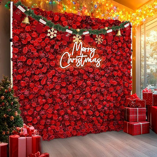Artificial Red Rose Flower Wall Backdrop Luxury Floral Backdrop for Wedding Balloon Party Baby Shower Birthday Decor Quick Assembly