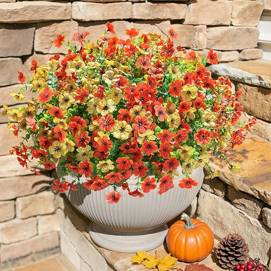 HyeFlora Artificial Fall Flowers Faux Mums for Outdoor Indoor Garden Home Decoration, Faux Flower Daisy with Eucalyptus Leaves Fake Mums Plants Greenery Boxwood Porch Patio, 12 Bundles (OrangeYellow)