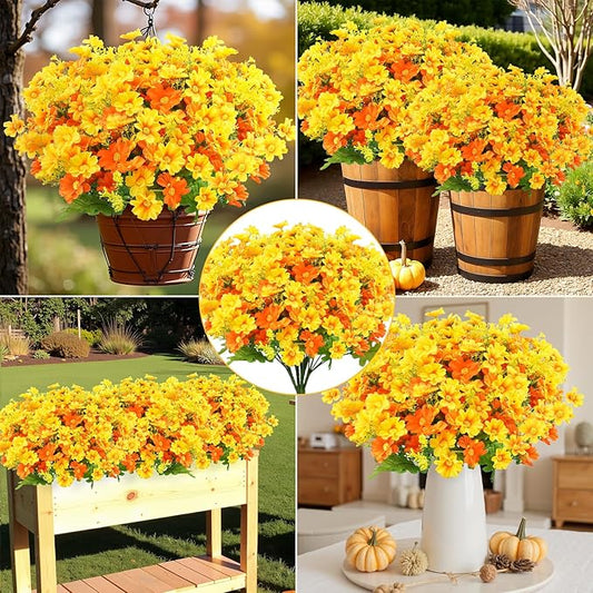Uieke 24 Bundles Artificial Fall Flowers for Outdoors Fake Daisy Mums Flowers UV Resistant Autumn Flowers No Fade Indoor Outside Home Wedding Garden Porch Fall Décor (Orange Yellow)