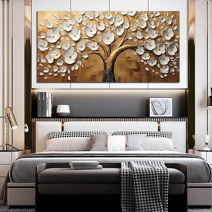 Large Wall Art for Living Room Bedroom Office Tree Art Wall Decor Gold Artwork Tree of Life Wall Art White Flower Framed Wall Decor Modern Canvas Prints 29x59 In