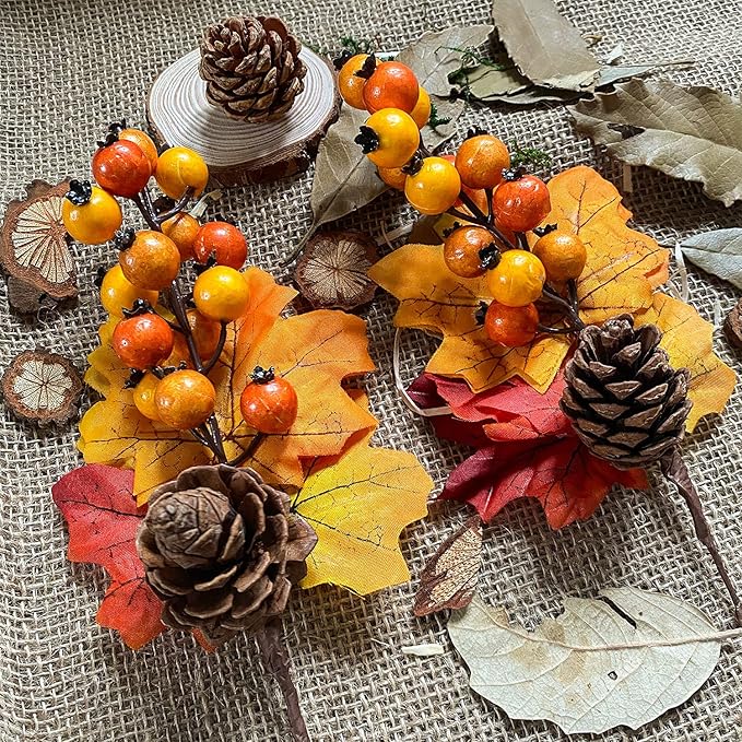 6 Pack Fall Stems Artificial Berry Picks Fall Picks with Pine Cone Sunflowers Pumpkin Maple Leaves Branches Decorations for Harvest Autumn Thanksgiving Day Wreaths Indoor Outdoor Home Decor